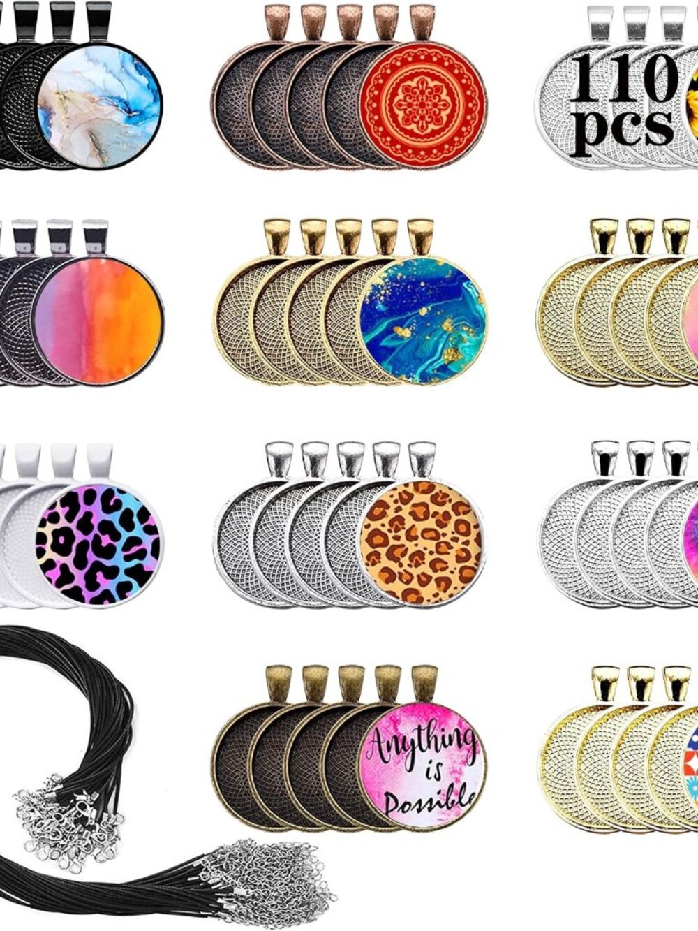 110Pcs Pendant Trays, Round Tray Set, Alloy Tray Charms Bulk, Bezel Pendant Tray